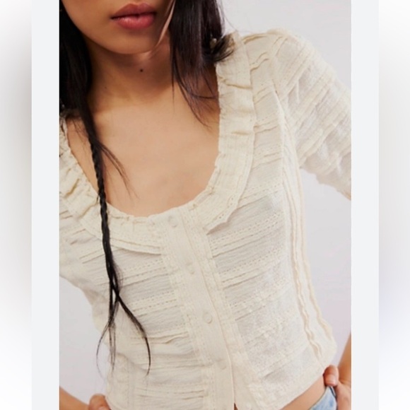 Free People Natasha blouse cream ruffle scoop neck button top XLG - Picture 1 of 9